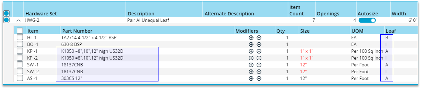 Pair Hardware Set with Sizeable items